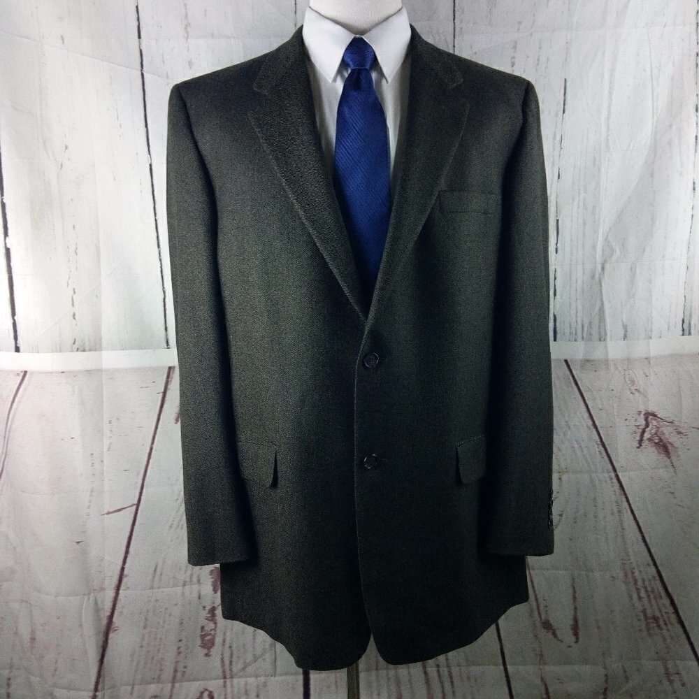 Club Room Macy's Wool Cashmere 46L 2 Button Dark Olive Herringbone Sport Coat